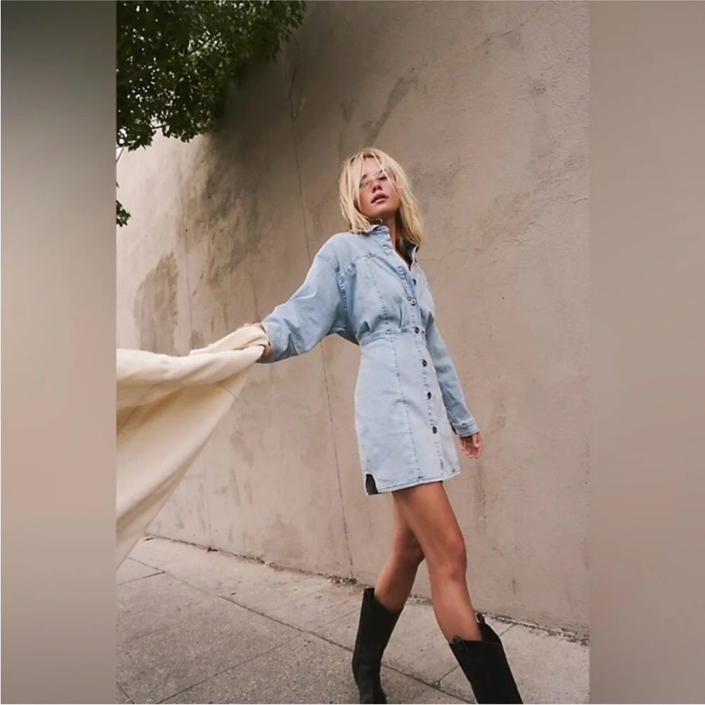 Free People Light Blue Denim Mini Dress - Picture 2 of 4